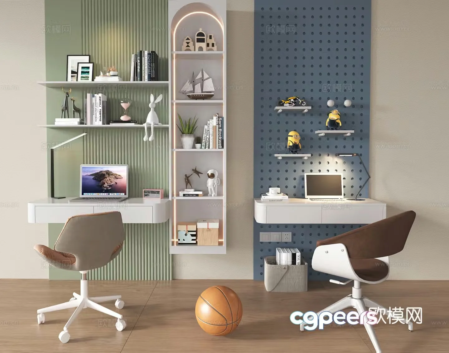 Modern children’s desk and chair combination bookcase decorative cabinet study table hole board wall decorative panel 3d model