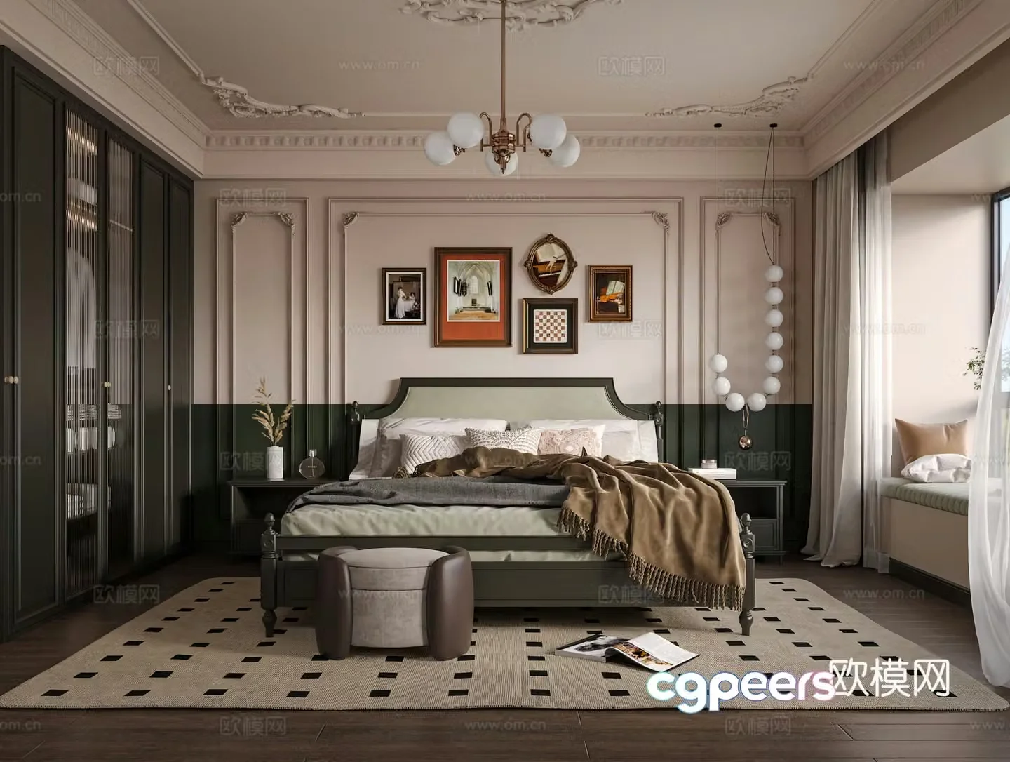 French bedroom Master bedroom Double bed Wardrobe Bedside table Carpet Hanging paintings Jewelry 3d model