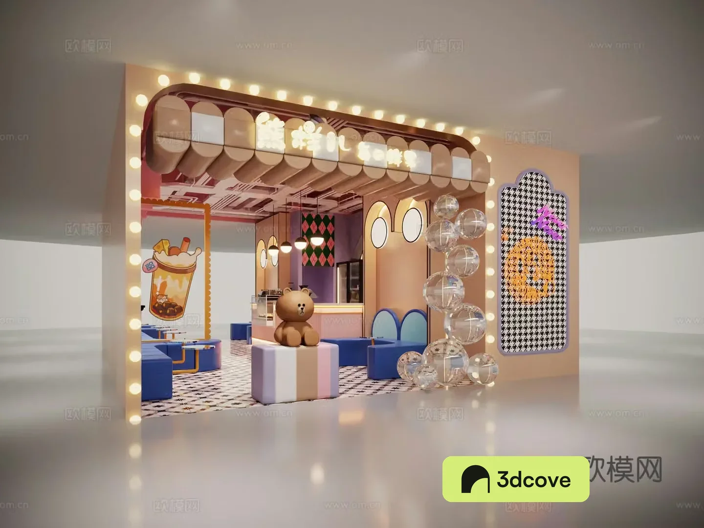 Modern milk tea shop cartoon industrial style girl coffee shop booth chandelier pipe front