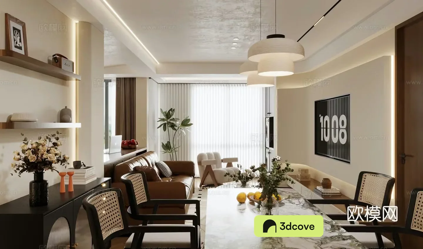 Middle style living room large flat floor living room sofa and coffee table combination middle style dining table and chair 3D model