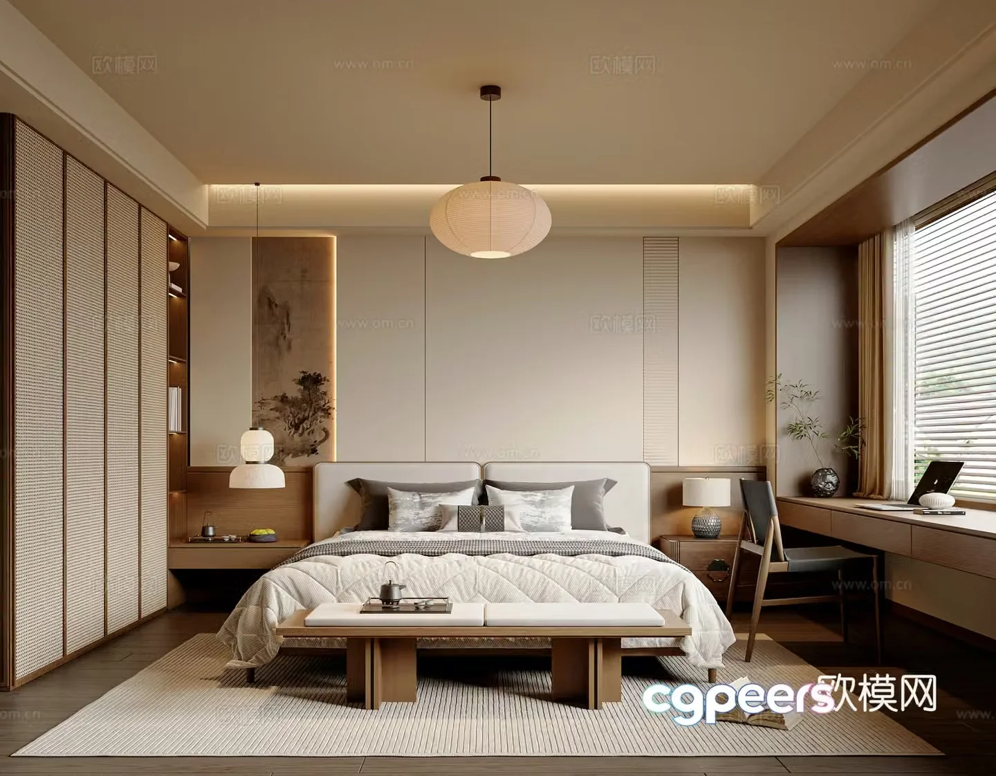 New Chinese style Song style bedroom fabric double bed book chair wardrobe bedroom desk and chair new Chinese style 3D model