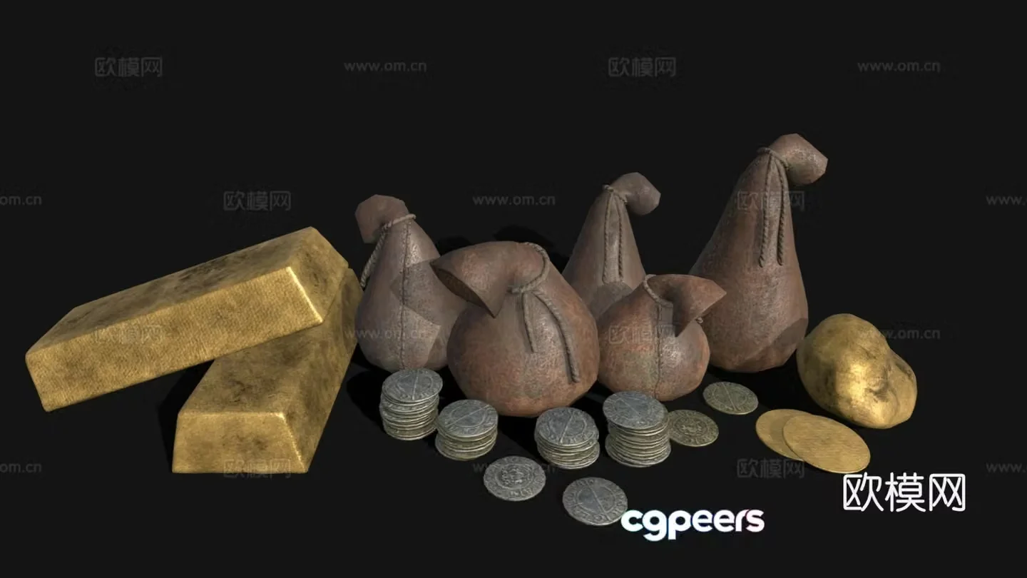 Bag Retro Wallet Coins Gold Nuggets Currency Combination 3D Model