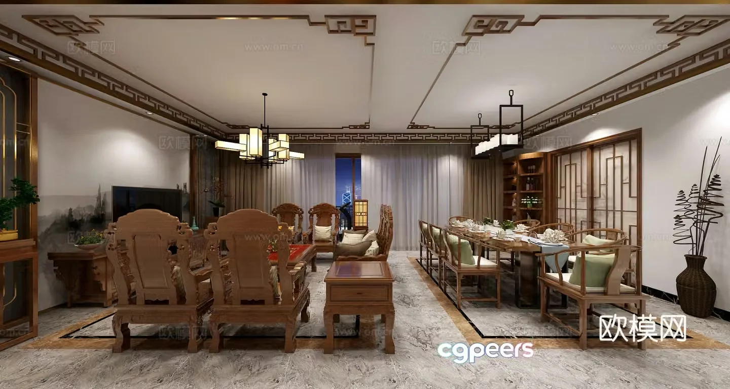 New Chinese style modern Chinese living room dining model 3D model