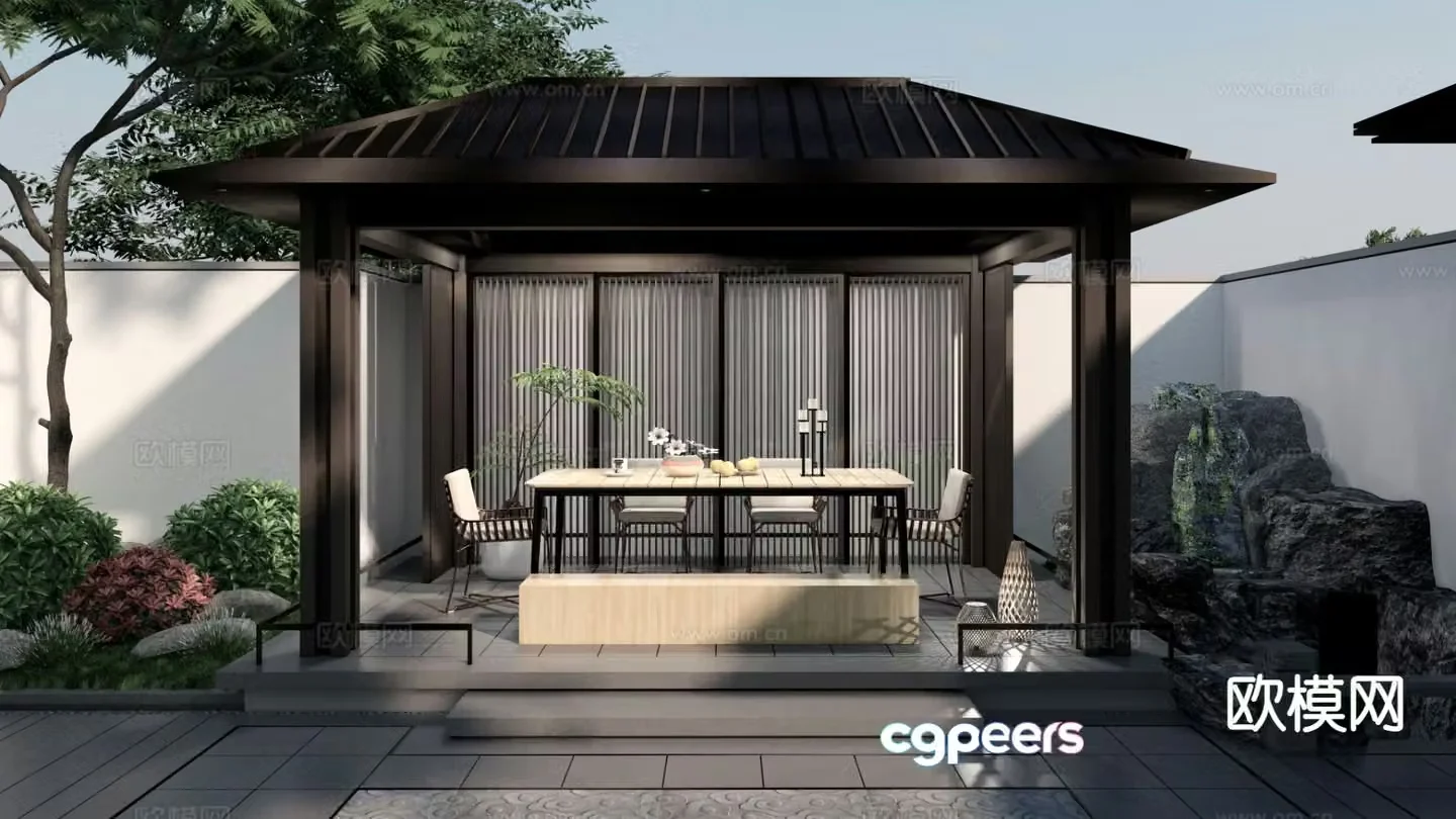 New Chinese style courtyard landscape pavilion rockery overlapping water 3D model
