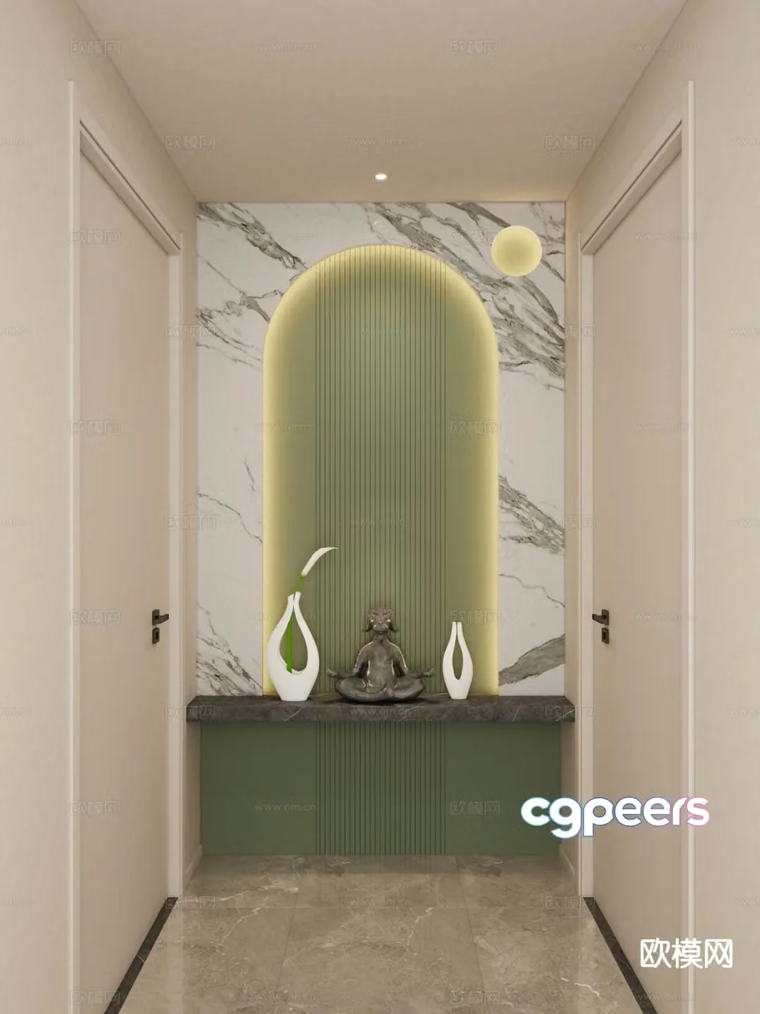 Cream style corridor end view entrance 3D model