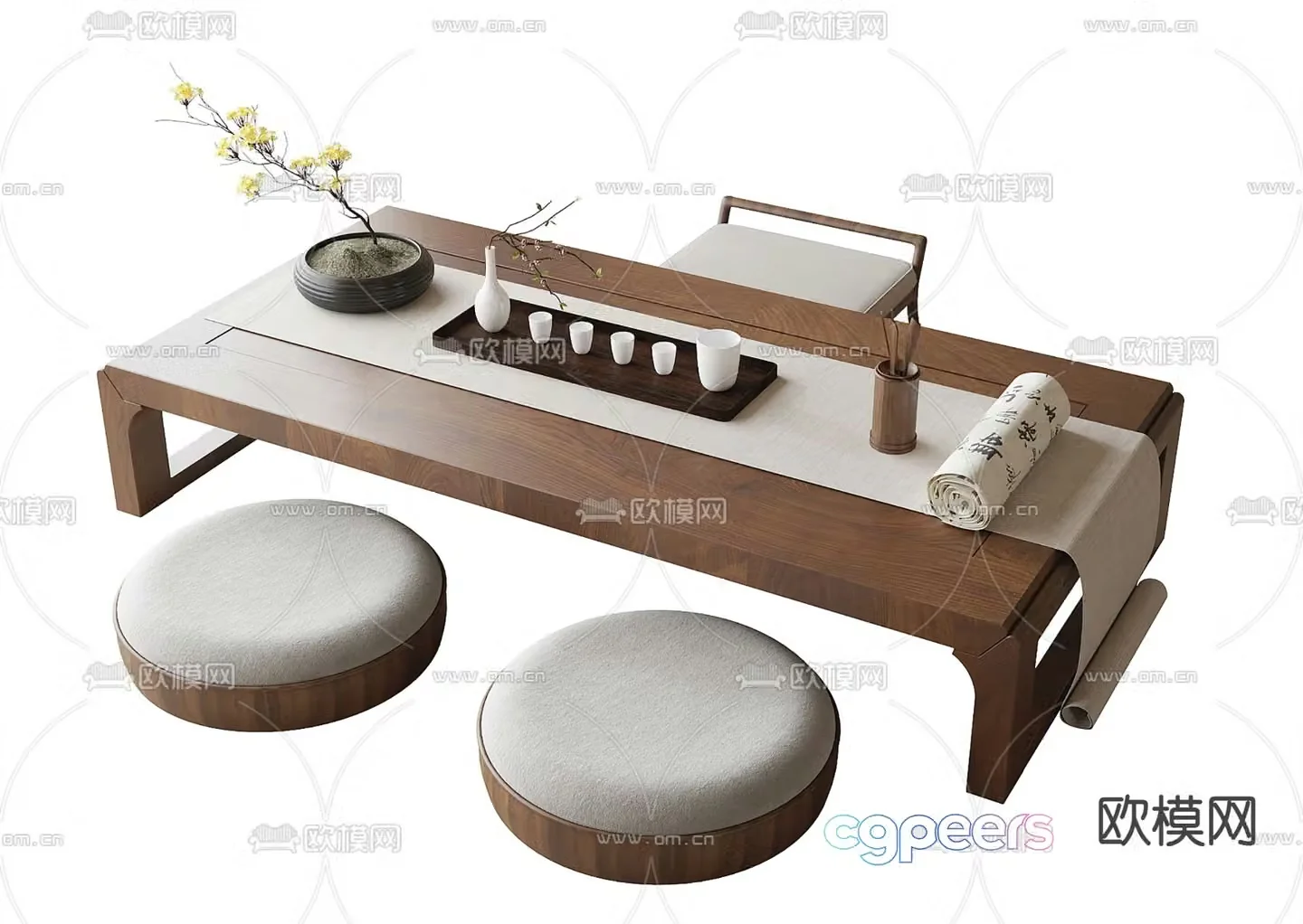 Tatami tea table and chairs 3d model