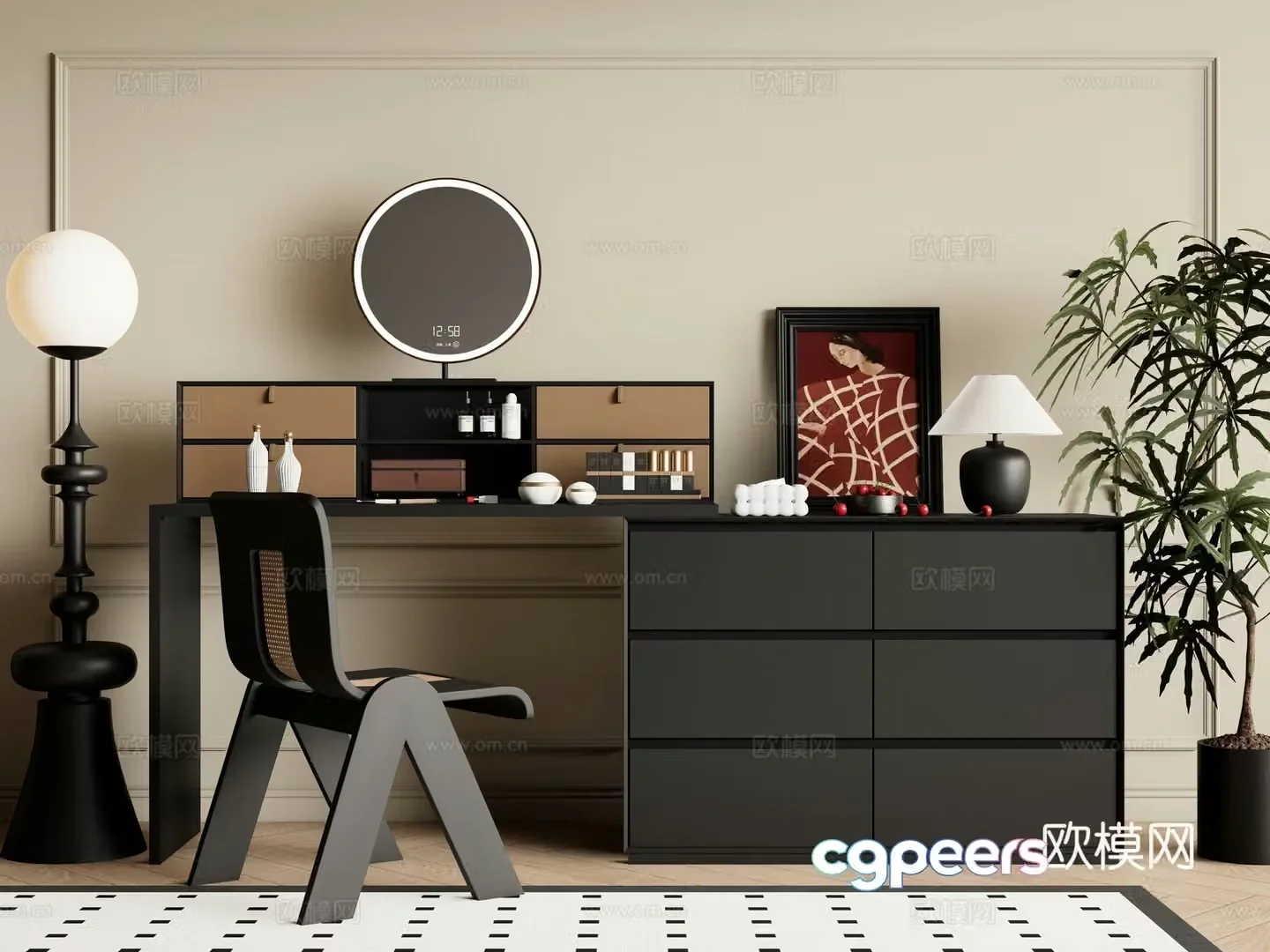 Middle style dressing table dressing chair makeup mirror floor lamp 3d model
