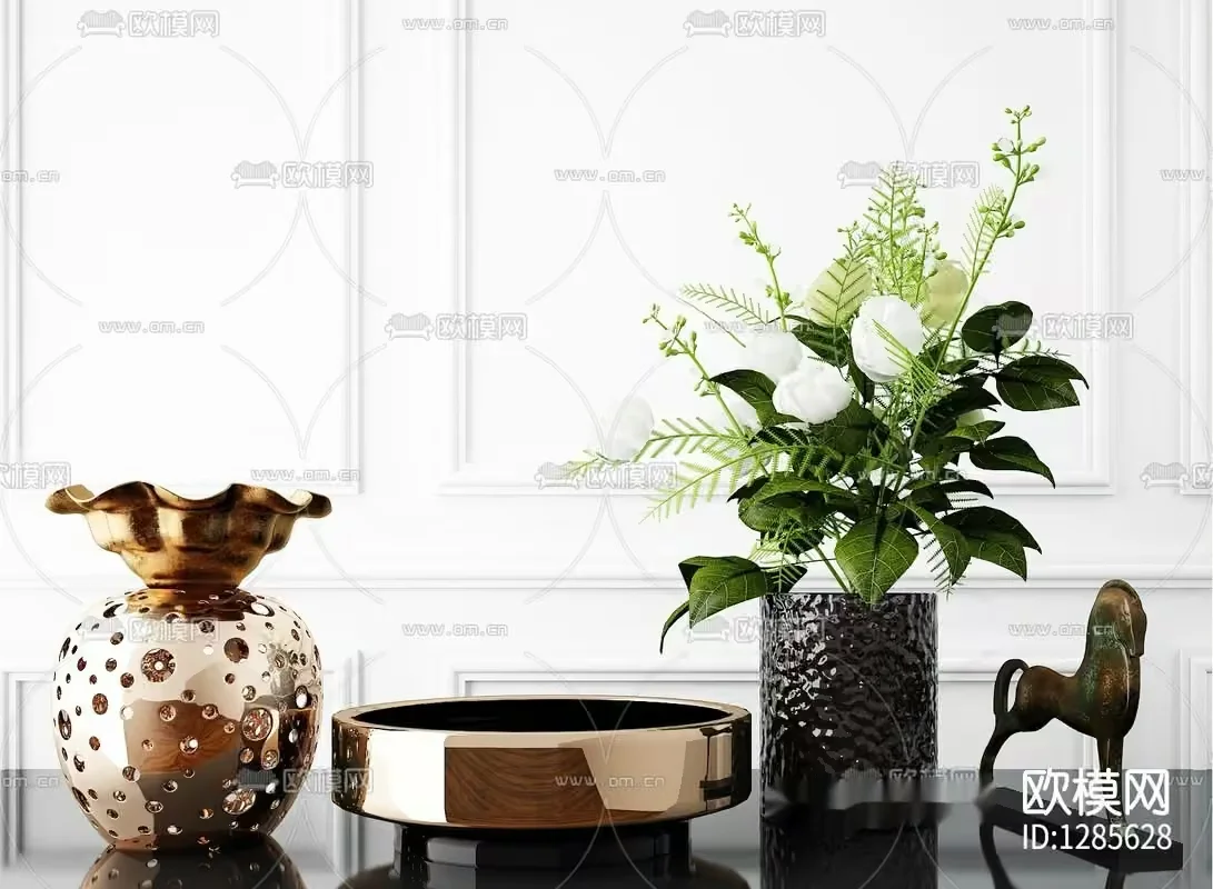 The Image Showcases A Collection Of Decorative Vases And A Bronze Horse Statue 3D Model – 3014 – VRAY Render