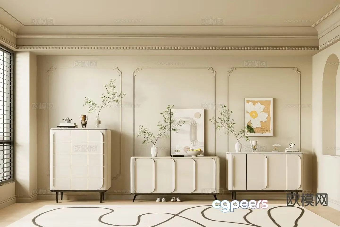 Cream style chest of drawers side cabinet 3d model
