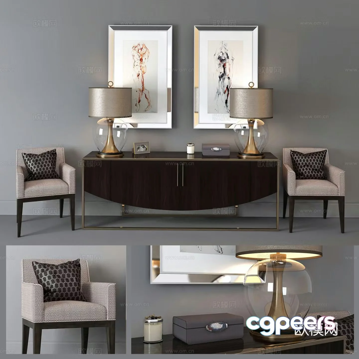 Modern entrance cabinet leisure chair combination jewelry ornaments hanging drawing desk lamp combination 3D model
