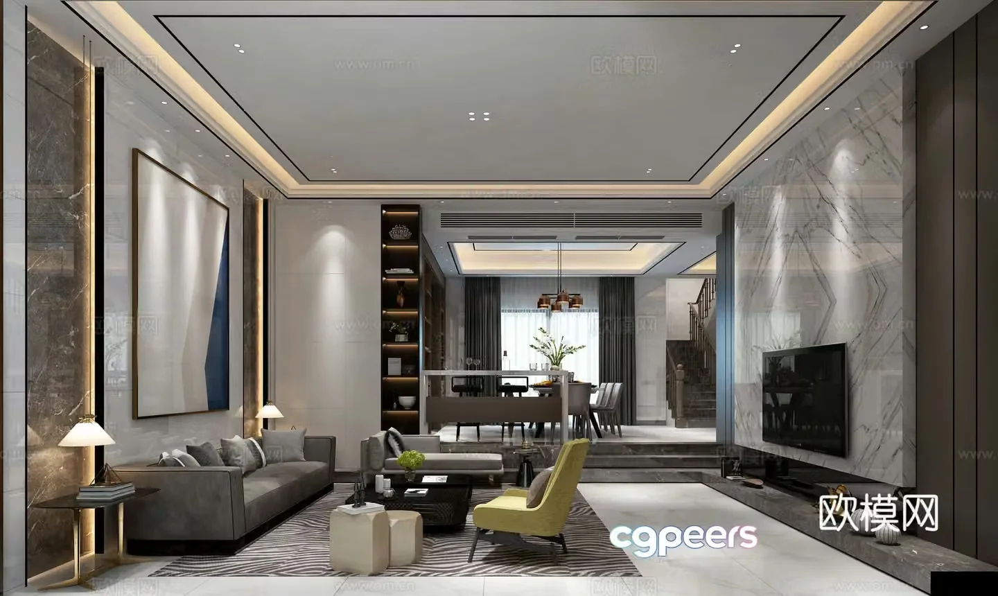 Modern minimalist living room dining room 3d model