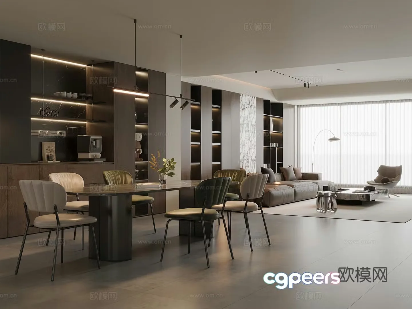 Modern Italian dining room marble dining table and chairs sideboard wine cabinet leather sofa coffee table combination 3D model
