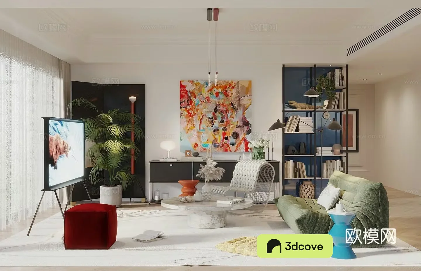 Bauhaus living room modern living room shelf screen green plants lazy sofa mobile TV