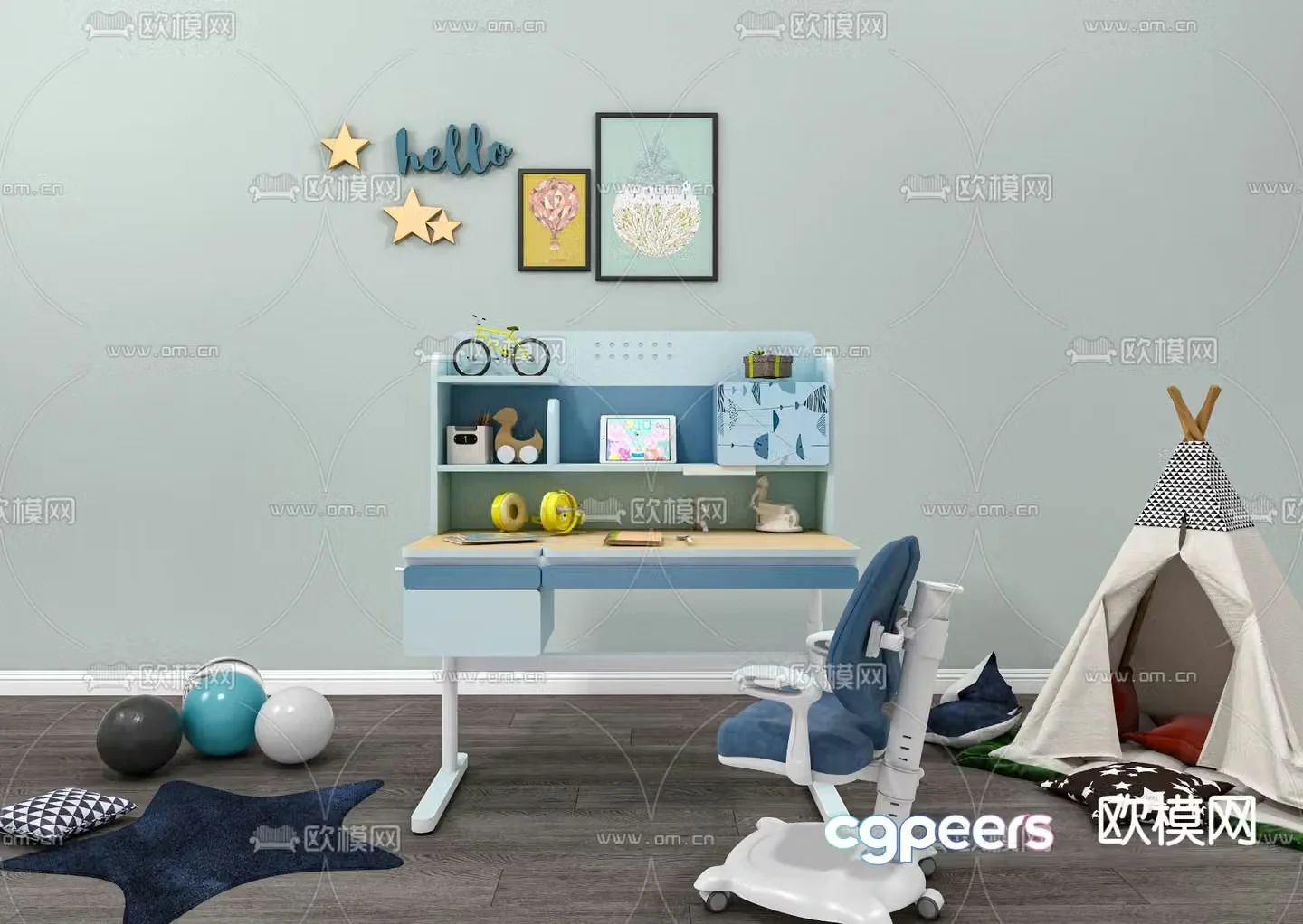 Modern children’s study desk and chair 3d model