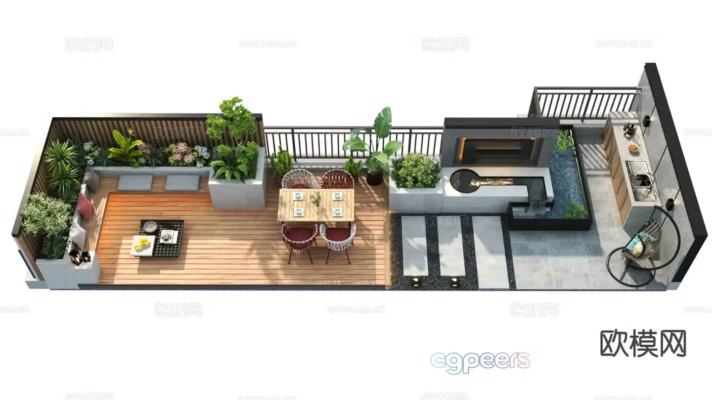 Modern patio landscape courtyard landscape 3d model