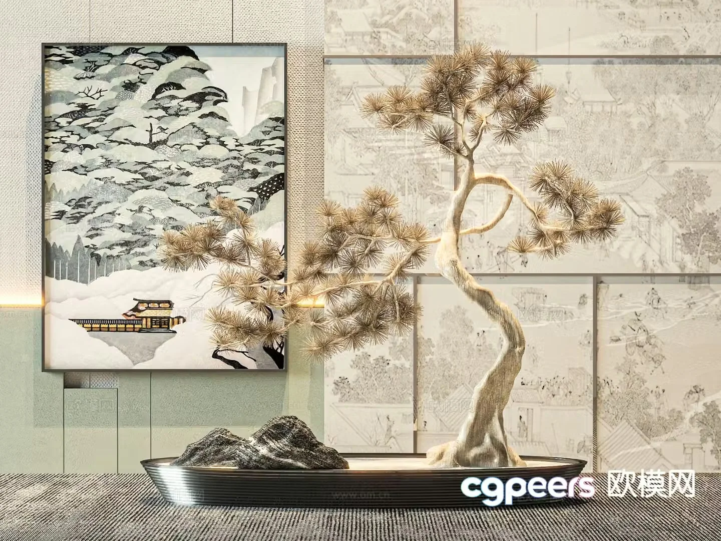 New Chinese style pine tree sketch plant scene 3d model