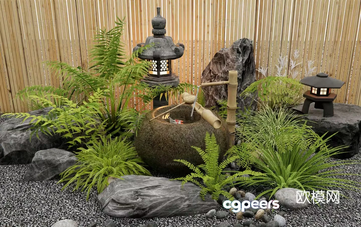 Japanese waterscape dry landscape water bowl flowing water ornament stone mortar waterscape courtyard landscaping courtyard water 3D model