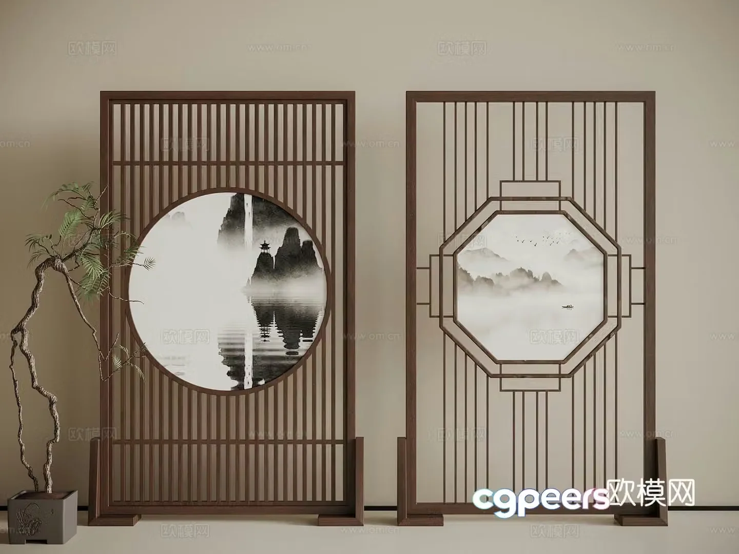 New Chinese-style screen combination green plant potted 3D model