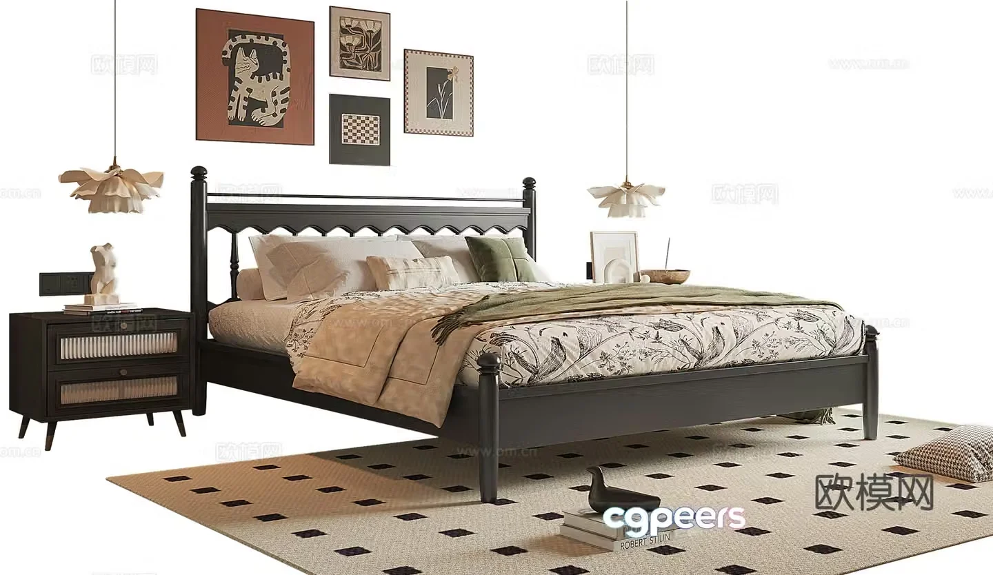 French medieval style double bed 3D model