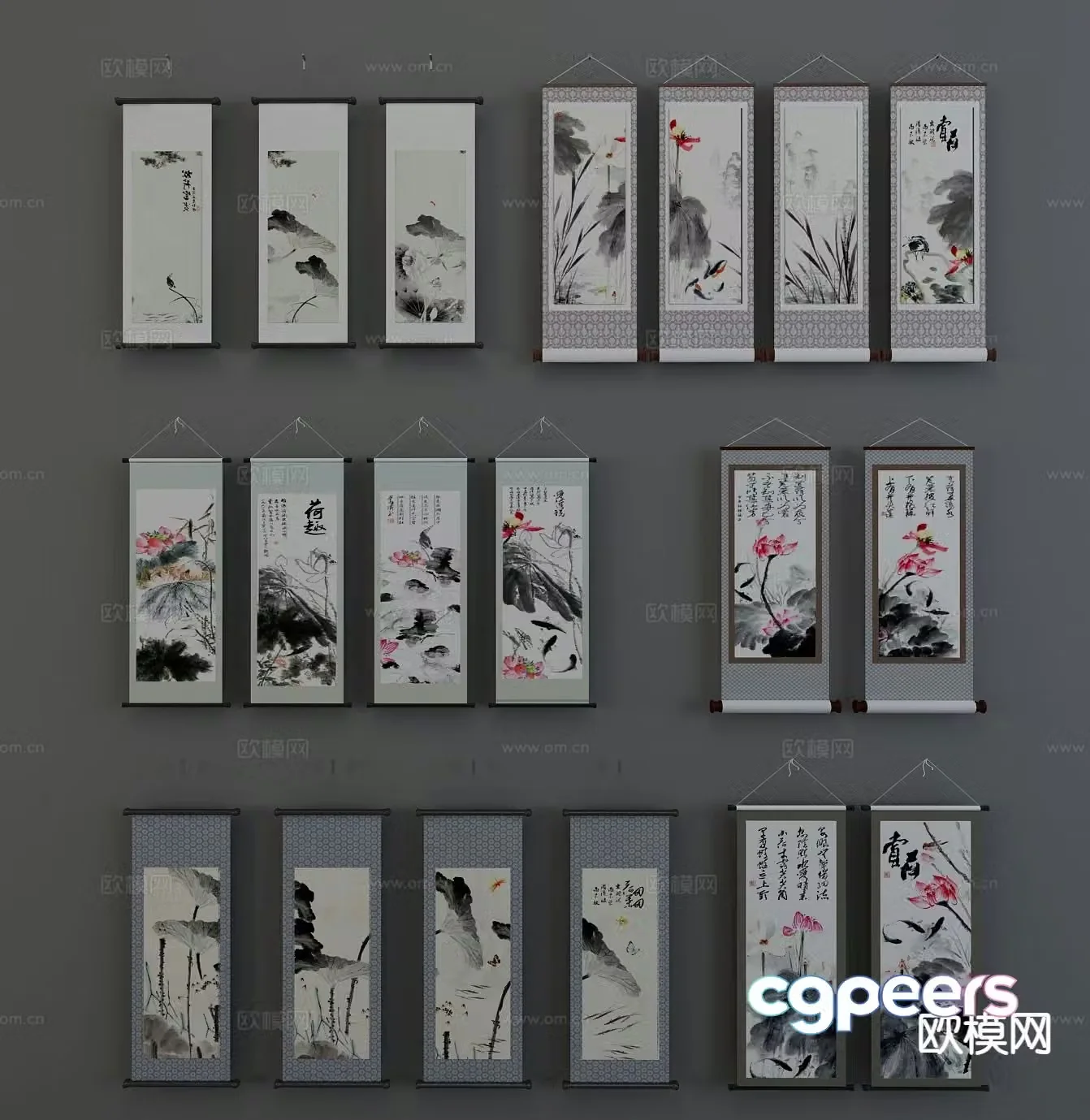 New Chinese style ink painting lotus hanging painting 3D model