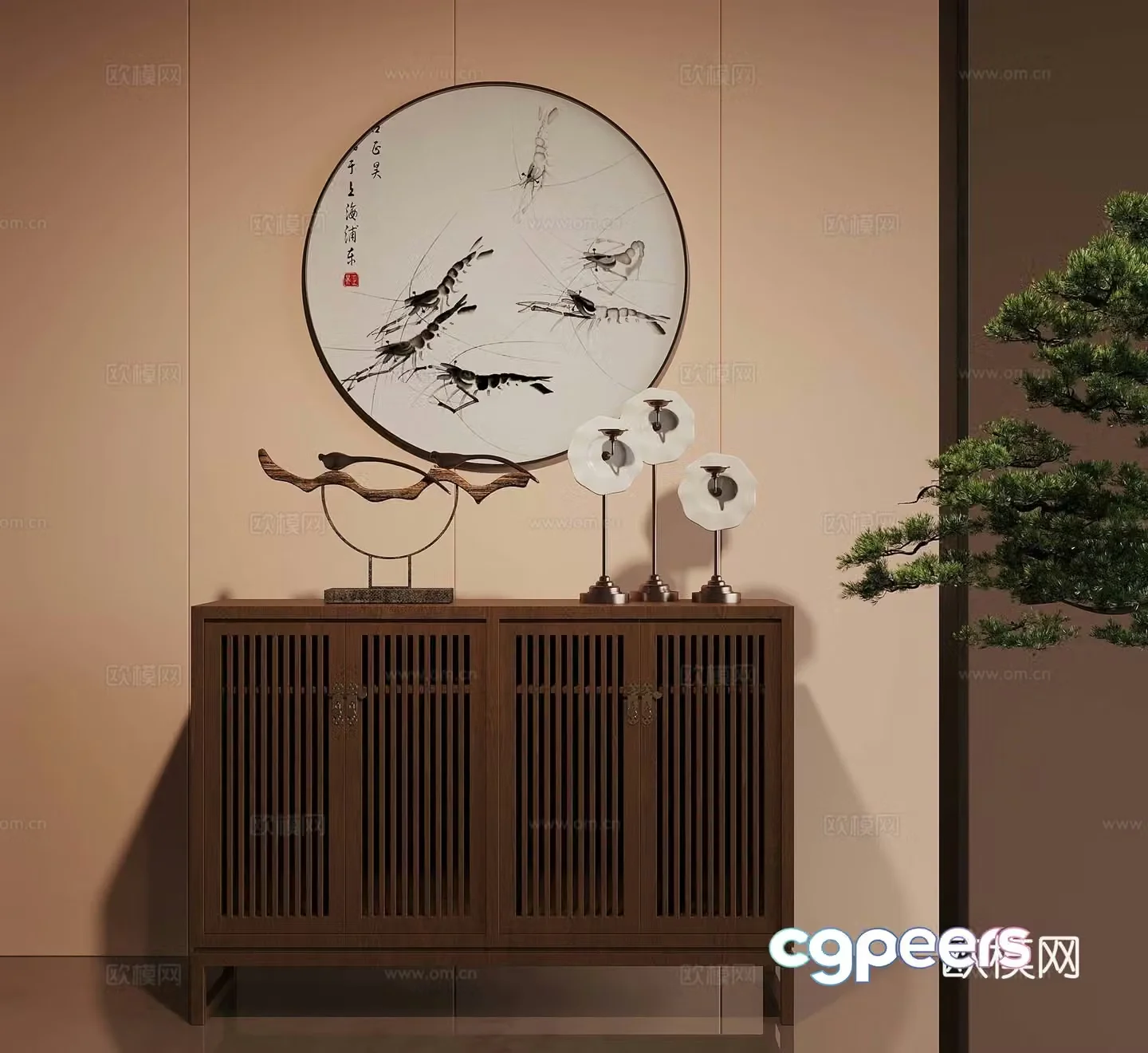 New Chinese style entrance cabinet end view cabinet end view platform 3D model of hanging paintings