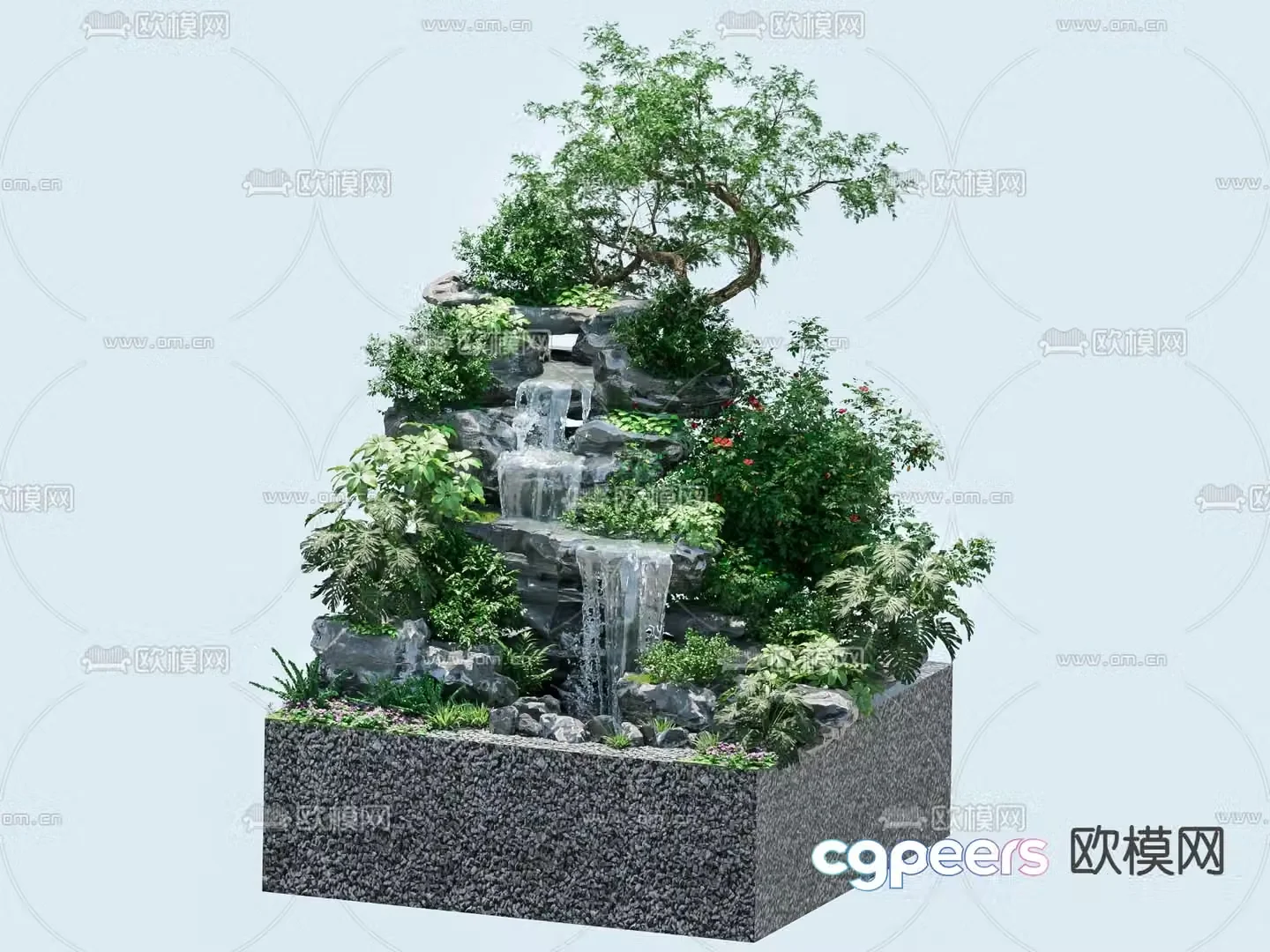 Rockery fountain water feature green landscape 3d model