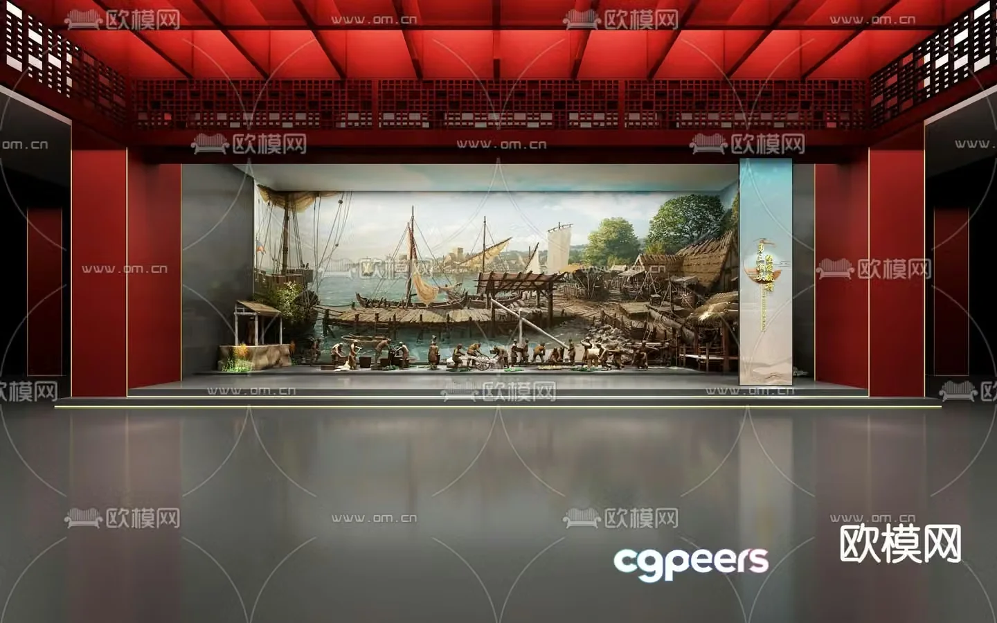 New Chinese-style exhibition hall dock scene 3D model