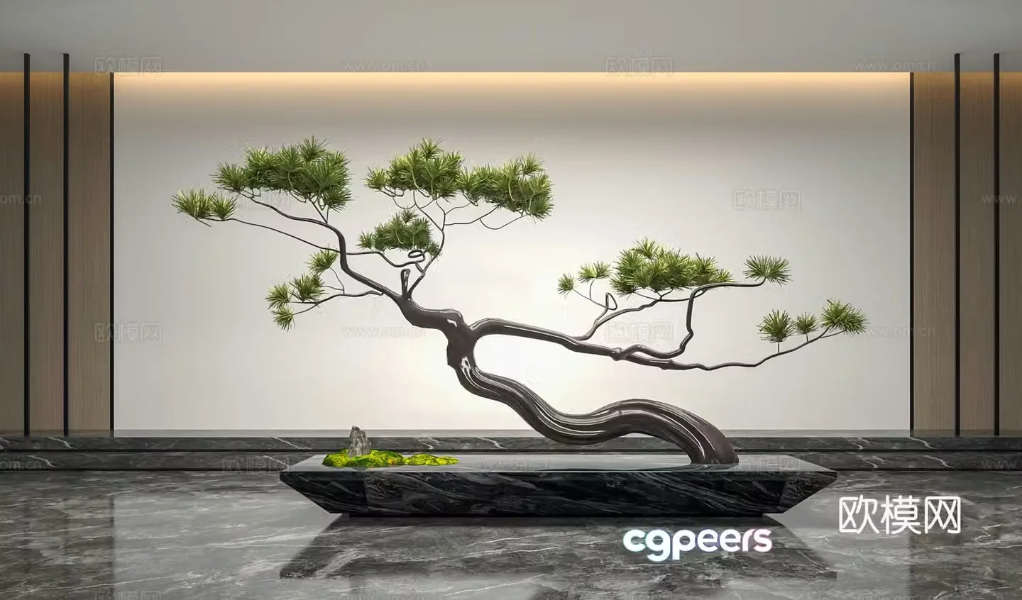 New Chinese style lobby landscape art installation pine tree ornaments 3D model
