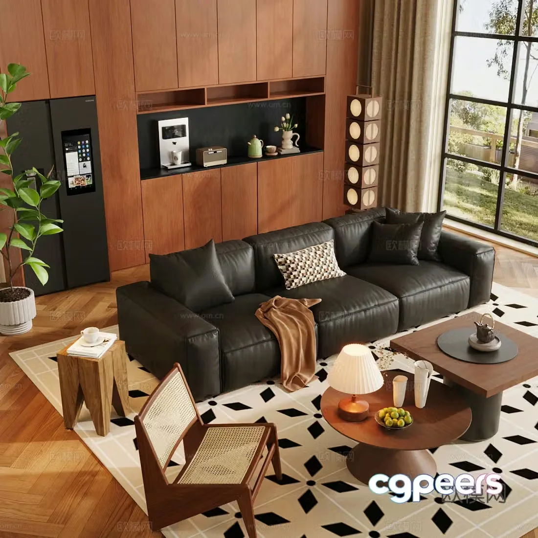 Medium retro sofa combination black leather sofa living room sofa coffee table combination multi-person sofa 3D model