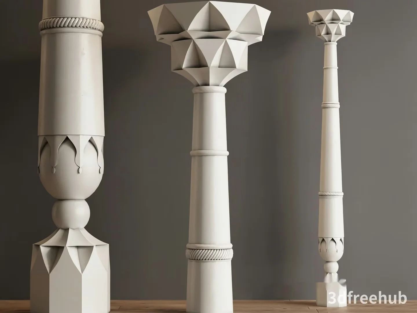 Three 3D-Rendered White Pillars With Ornate Designs 3D Model – 21534 – VRAY Render