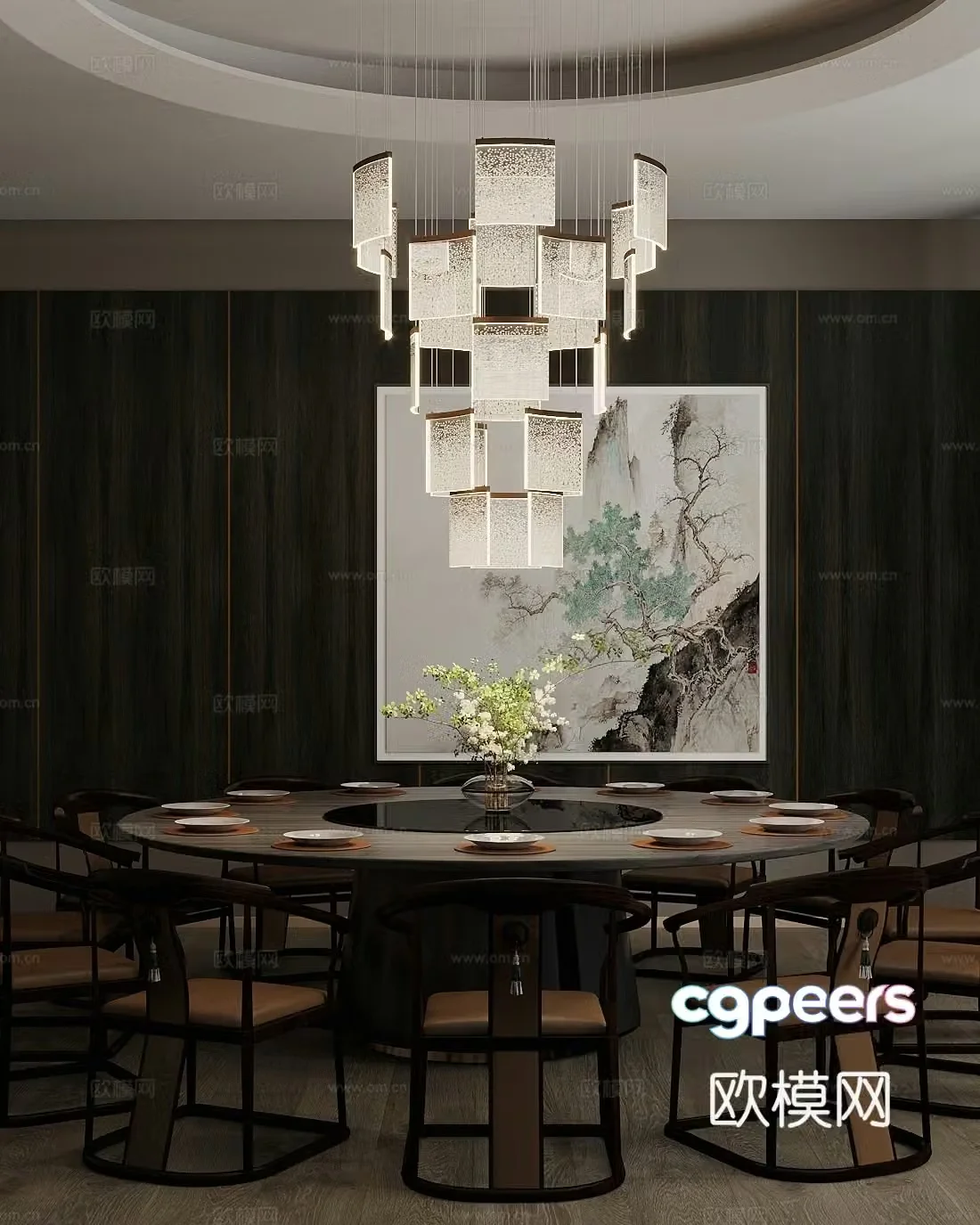New Chinese-style private room Restaurant private room Dining table and chair combination Chandelier Decorative painting 3D model