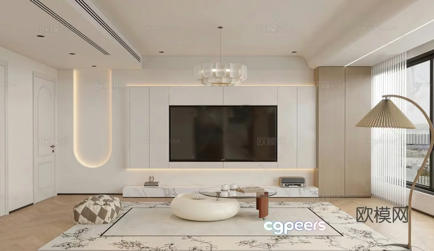 Creamy living room TV background wall TV cabinet modern living room simple chandelier modern guest 3d model