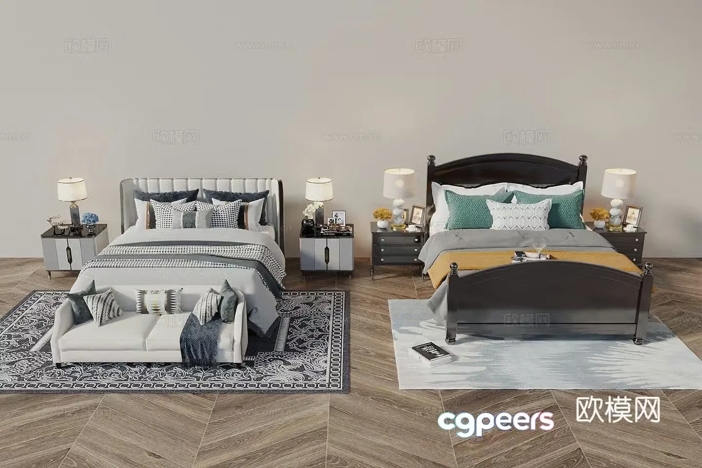 American retro style double bed nightstand bedding 3d model