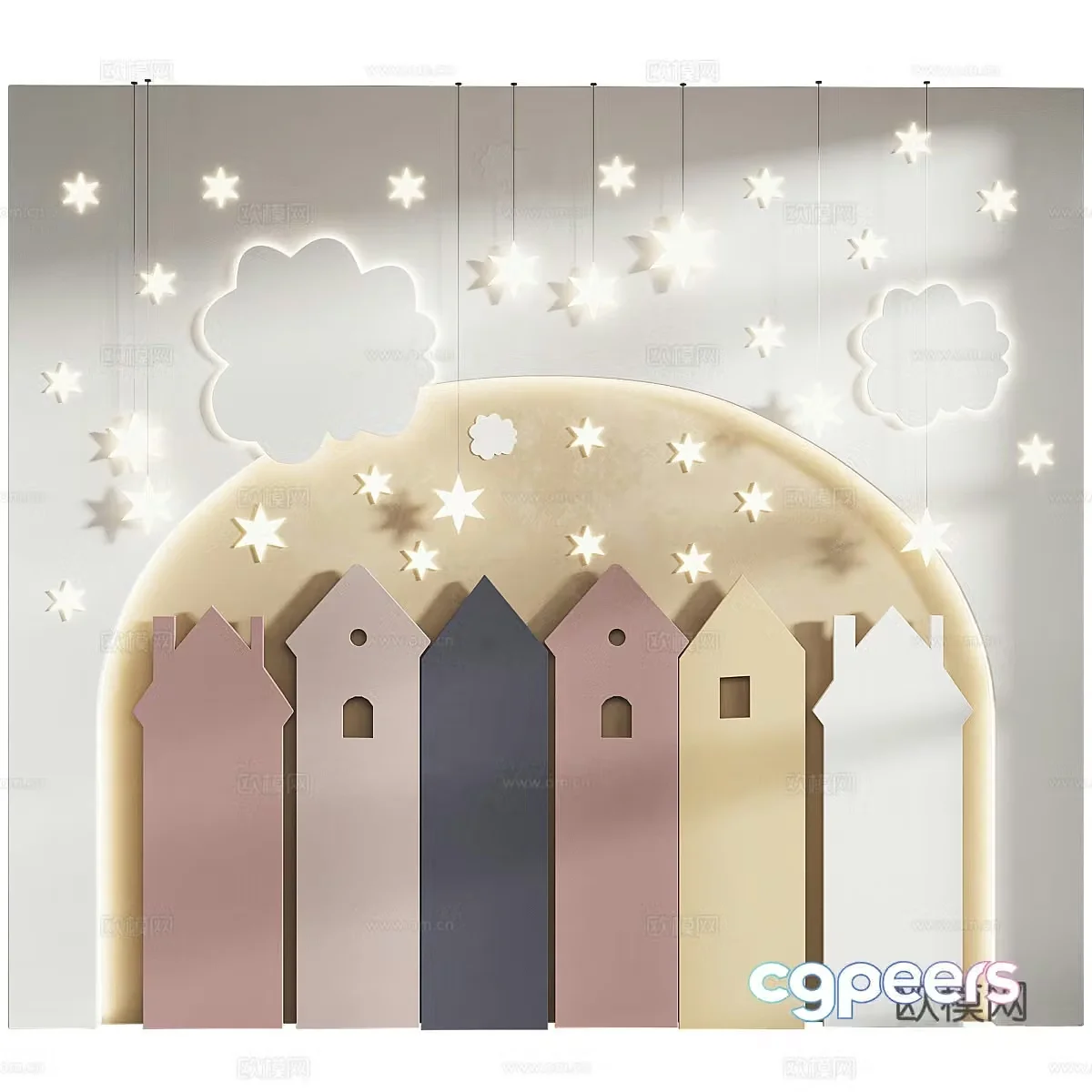 Modern creamy style children’s room bedside background wall 3d model