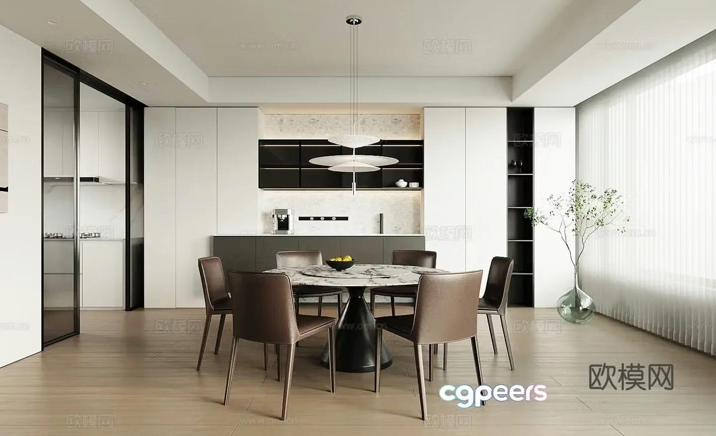 Modern restaurant dining table chair wine cabinet 3d model