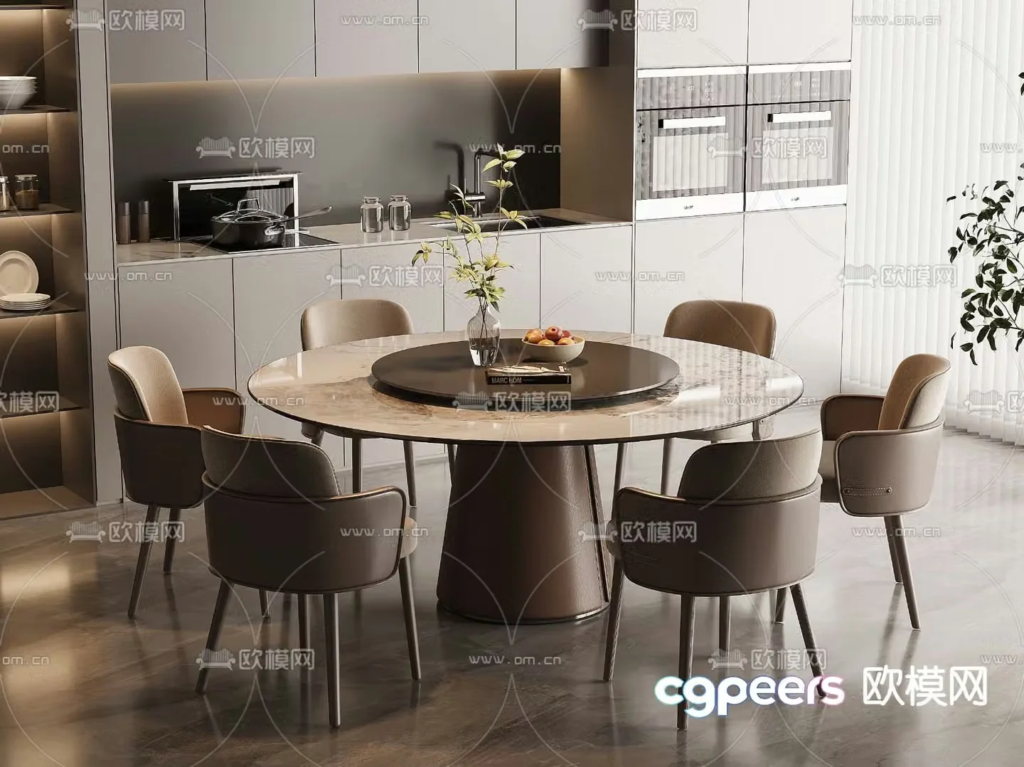 Marble dining table and chairs round dining table 3d model