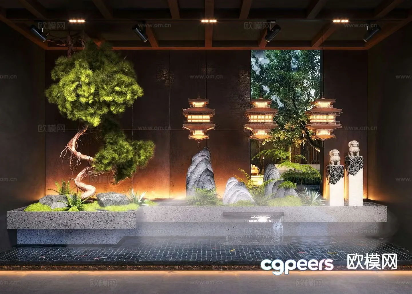 New Chinese style indoor landscaping 3D model