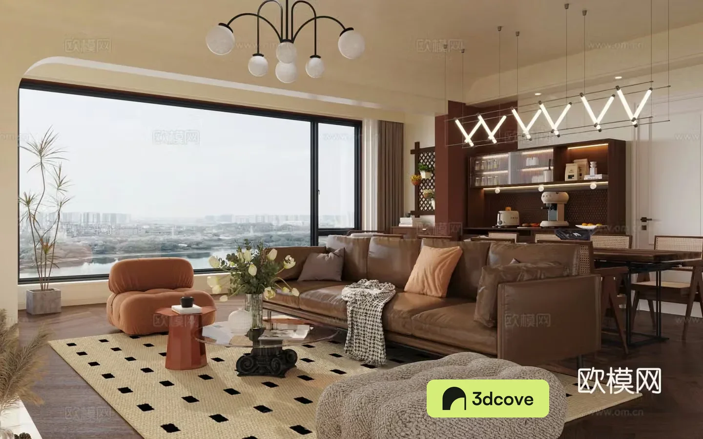 Middle style living room large flat floor living room sofa and coffee table combination middle style dining table and chair 3D model
