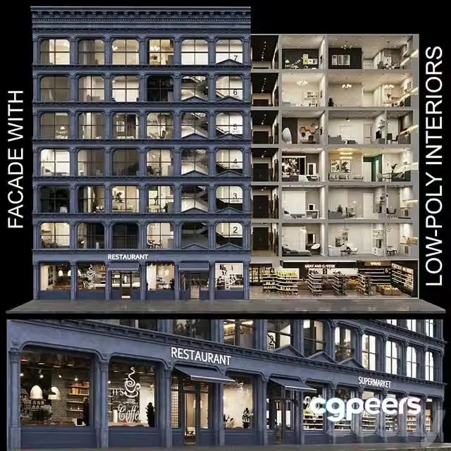 3ds Max Free – Facade with 20 residential and public low-poly interiors