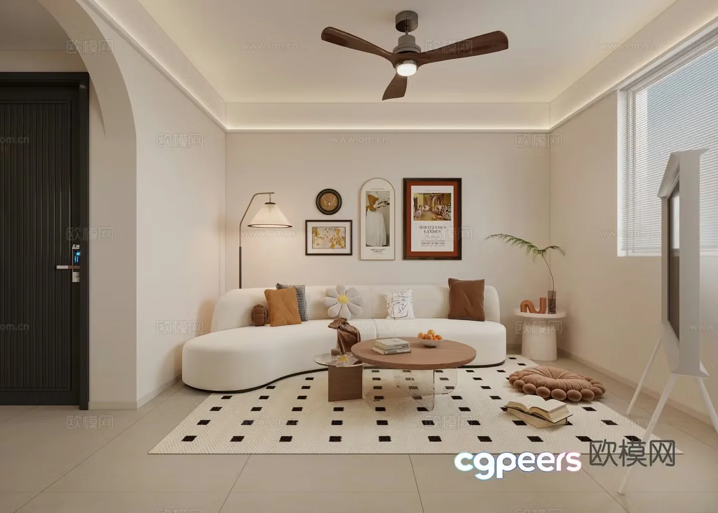 Modern Creamy Living Room 3D Model