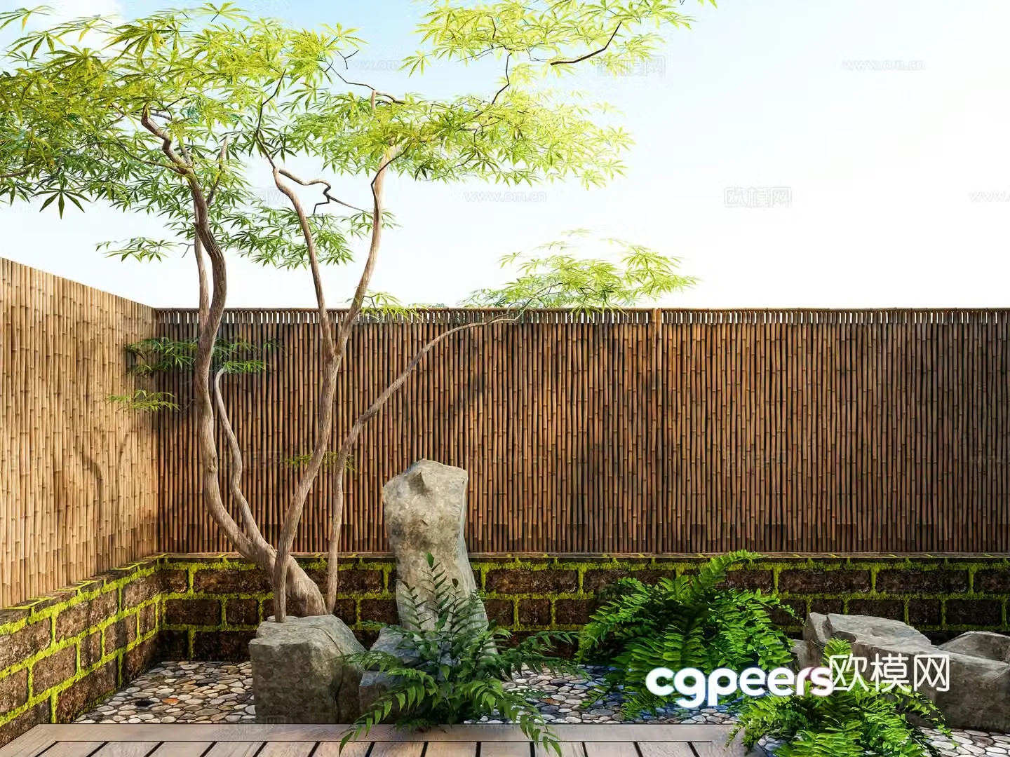 New Chinese style Japanese Zen courtyard landscape Green maple tree Solitary place of mountain stones Bamboo fence Bamboo green 3D model