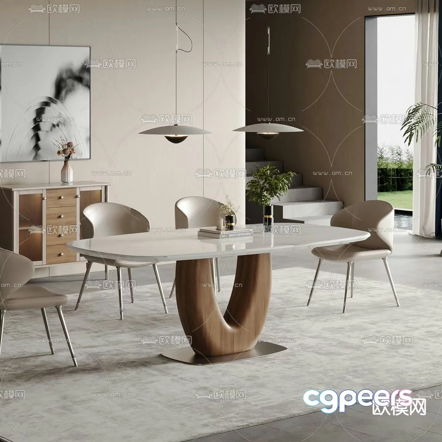 Natural style dining table and chairs 3d model