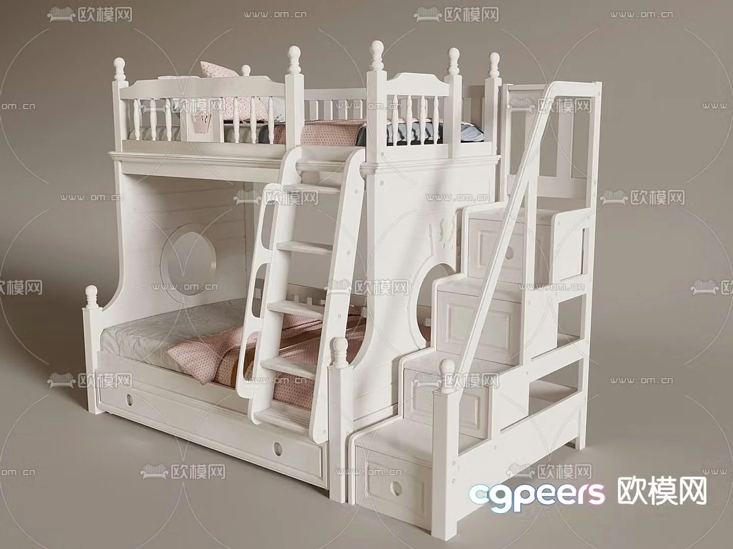Cream style children’s bed bunk bed bunk bed 3d model