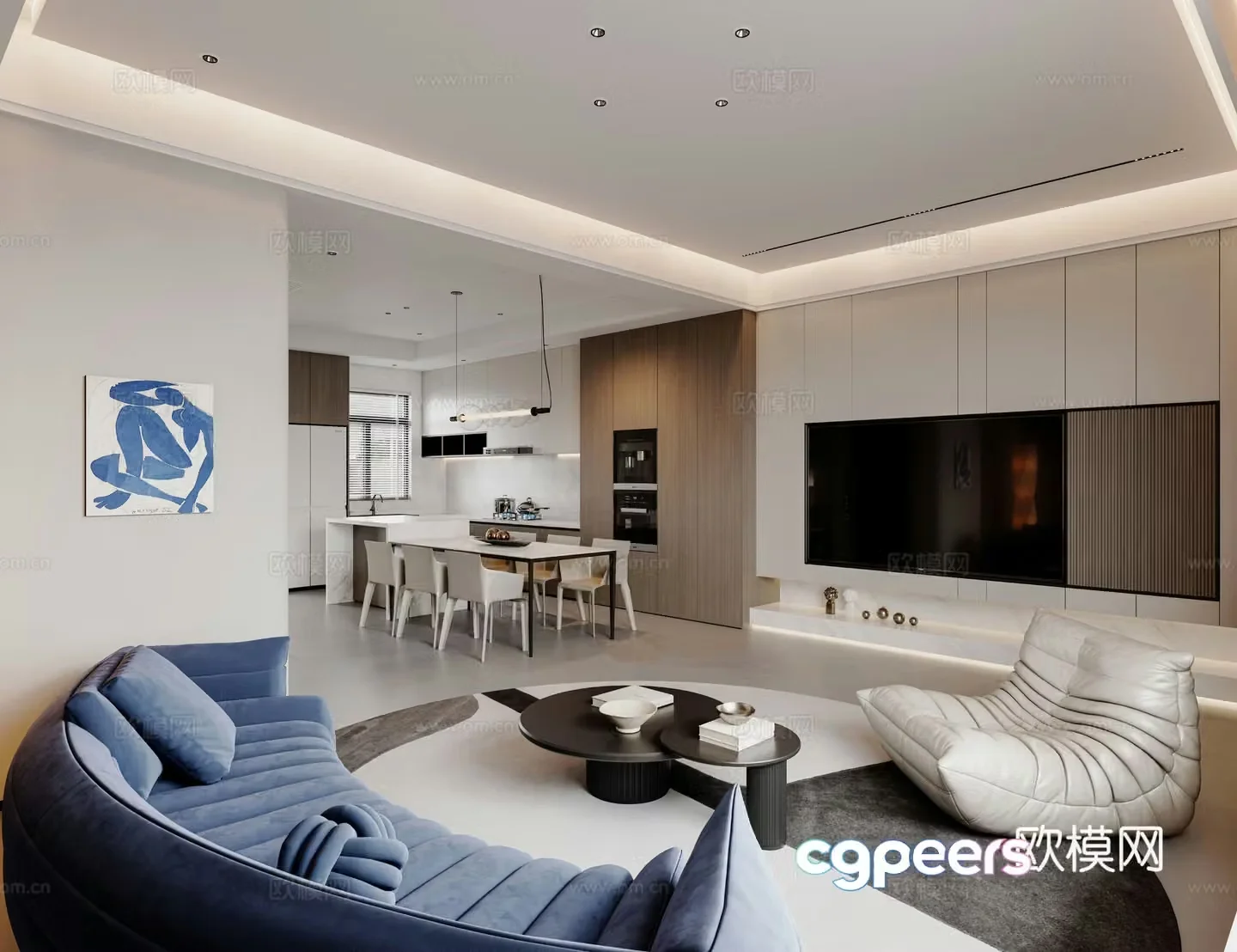 Modern home living and dining room blue sofa combination TV background wall 3d model