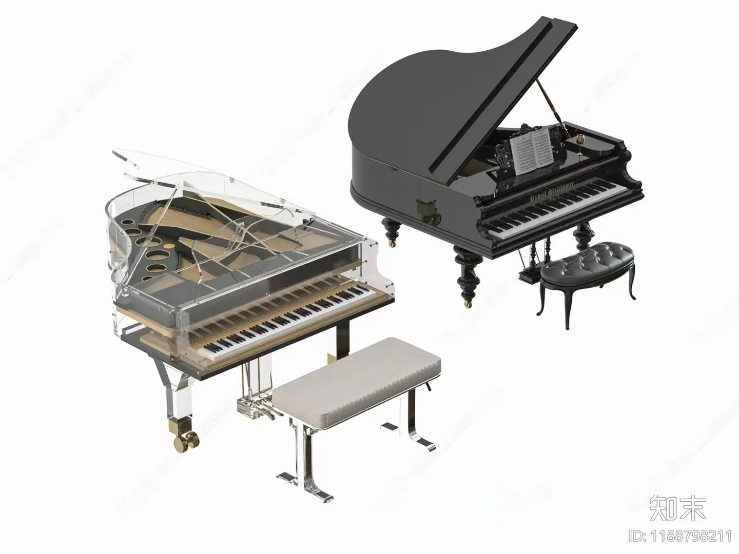 A Black Piano With A White Bench 3D Model – 18793 – VRAY Render