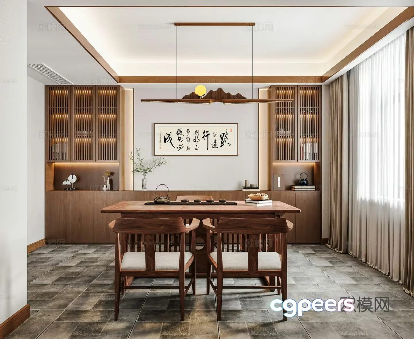 New Chinese style Chinese tea room Tea room Tea table and chair Chinese calligraphy and painting Tea room cabinet Tea set New Chinese style 3D model
