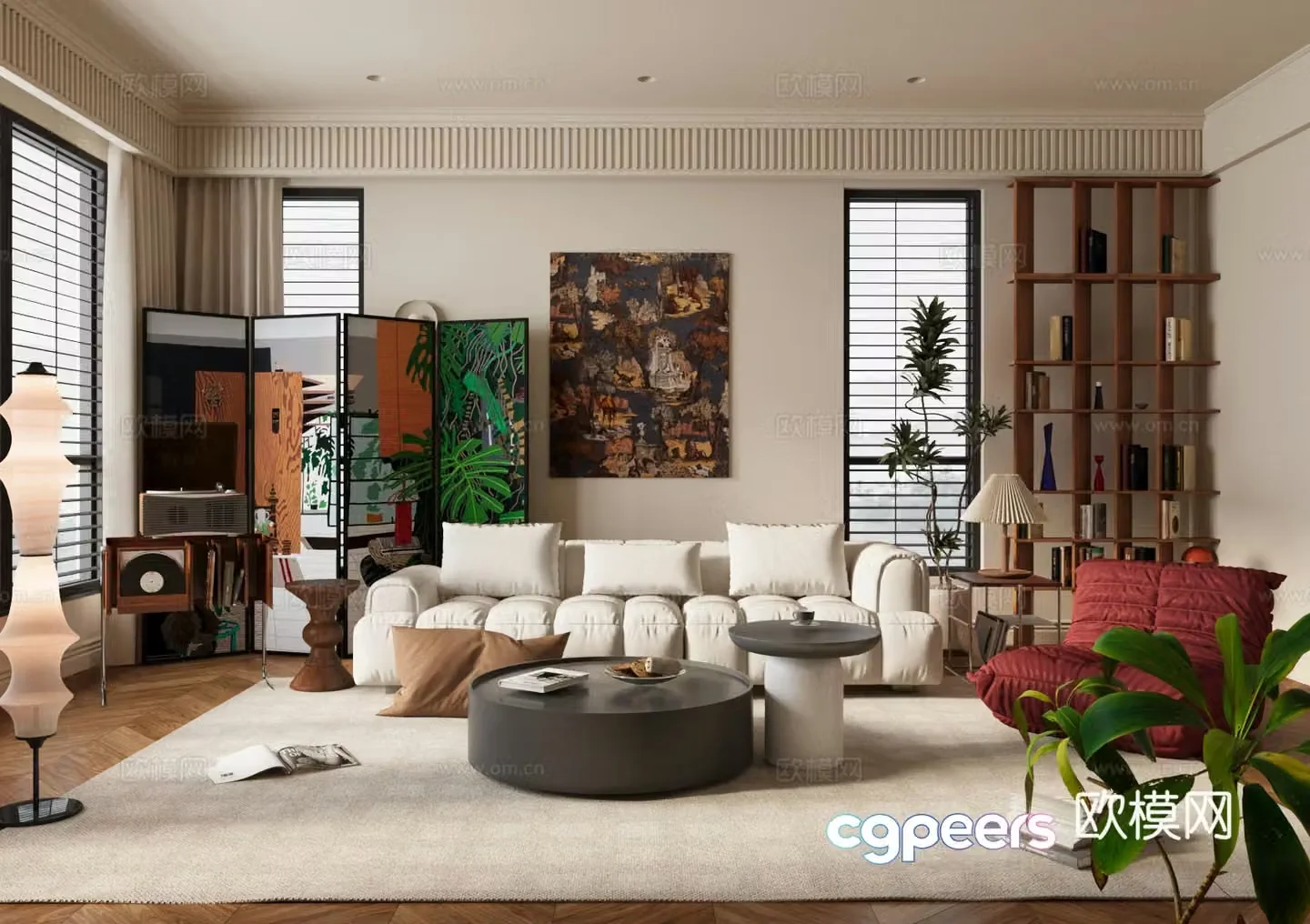 Medium-old home living room Home living room Sofa coffee table combination Medium-old screen Floor-standing lamp 3D model
