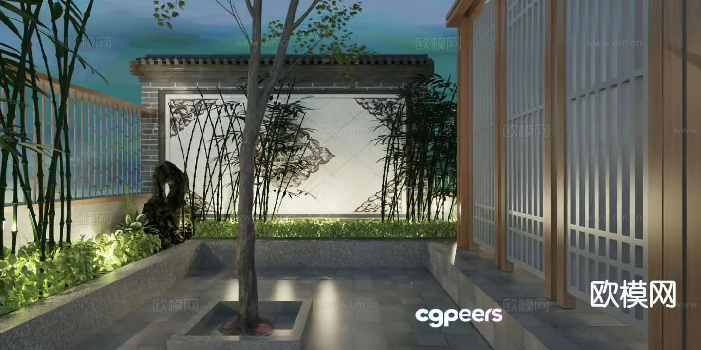New Chinese style courtyard landscape wall screen wall 3D model