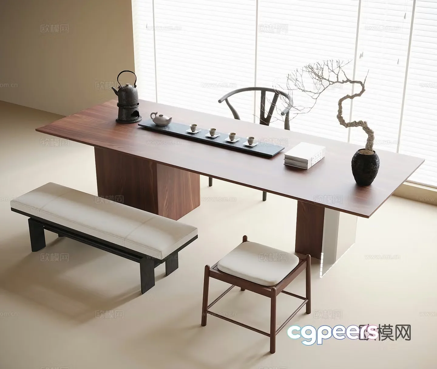 Modern tea table and chair combination bench stool tea set 3d model