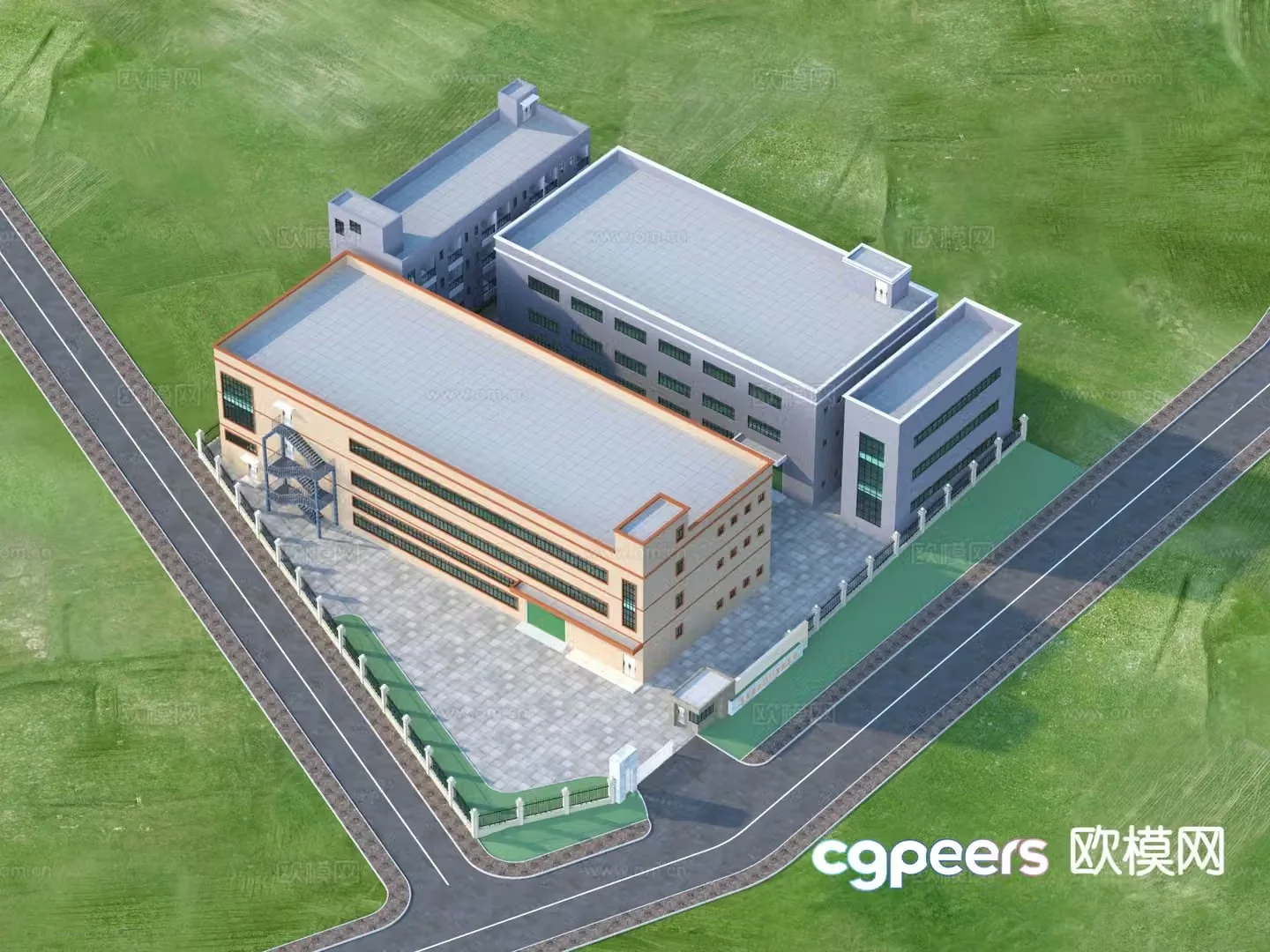 Factory dormitory single building aerial view 3d model
